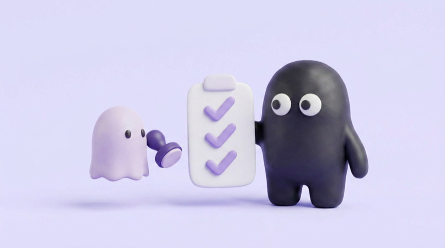 The Velo mascot reads through a list of findings while a ghost looks over its shoulder