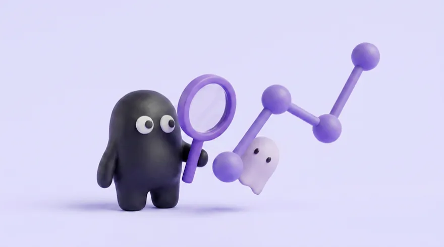 The Velo mascot inspects a chart with a magnifying glass while a ghost hides