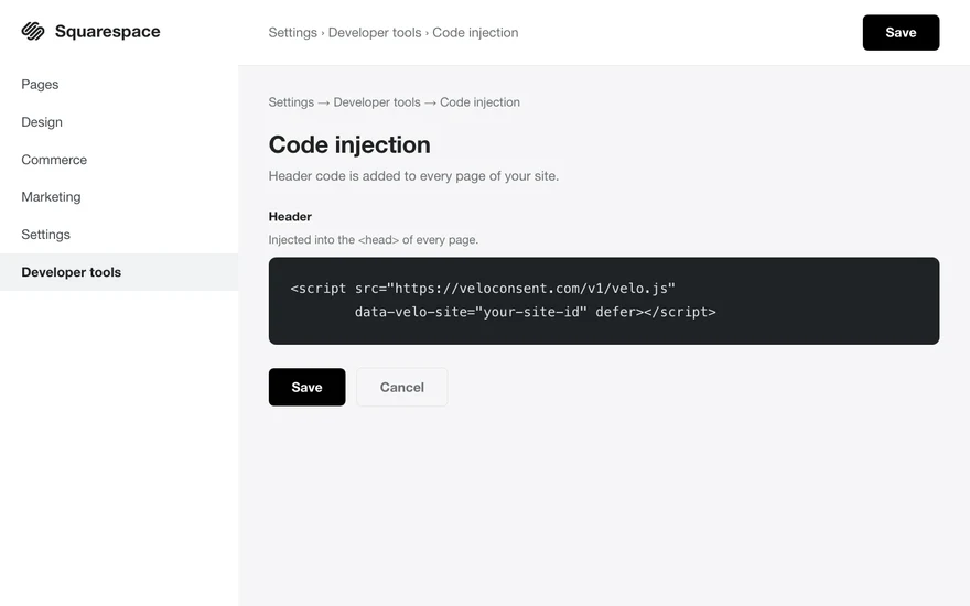 A Squarespace site settings panel with the code injection box open