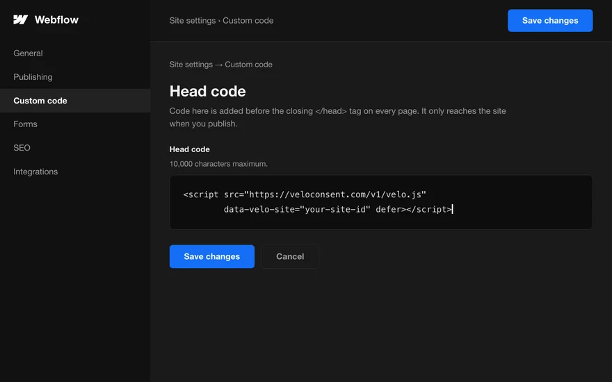 A Webflow site settings panel with the custom code box open