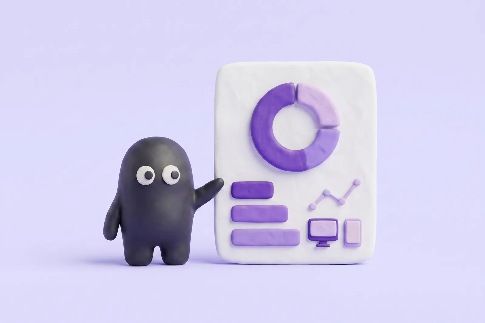 The Velo mascot pointing at a clay consent dashboard with a donut chart, bars and small desktop and phone tiles, on a lavender studio backdrop.