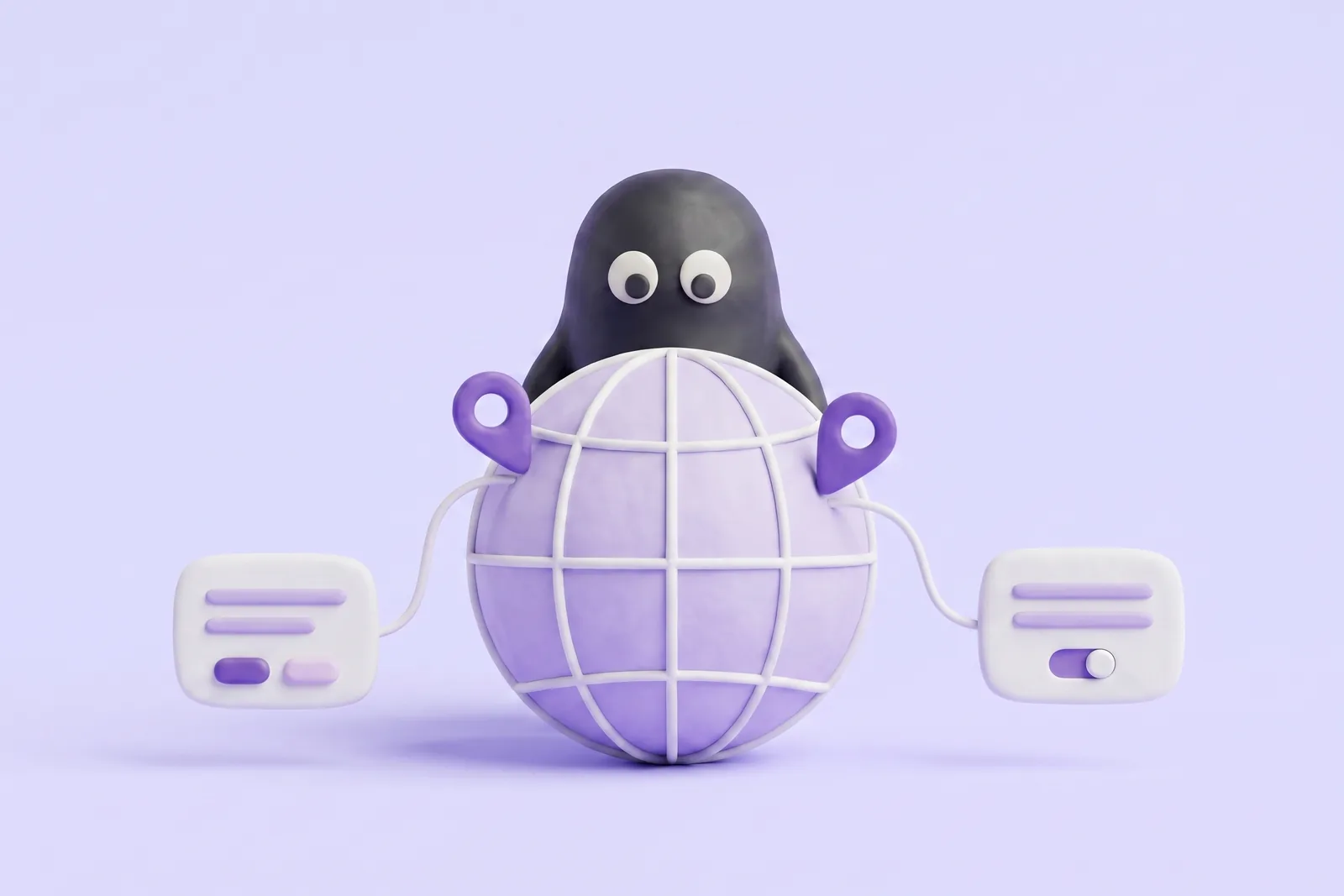 The Velo mascot behind a clay globe with two location pins, each linked to its own small consent banner, one with two buttons and one with a toggle, on a lavender studio backdrop.