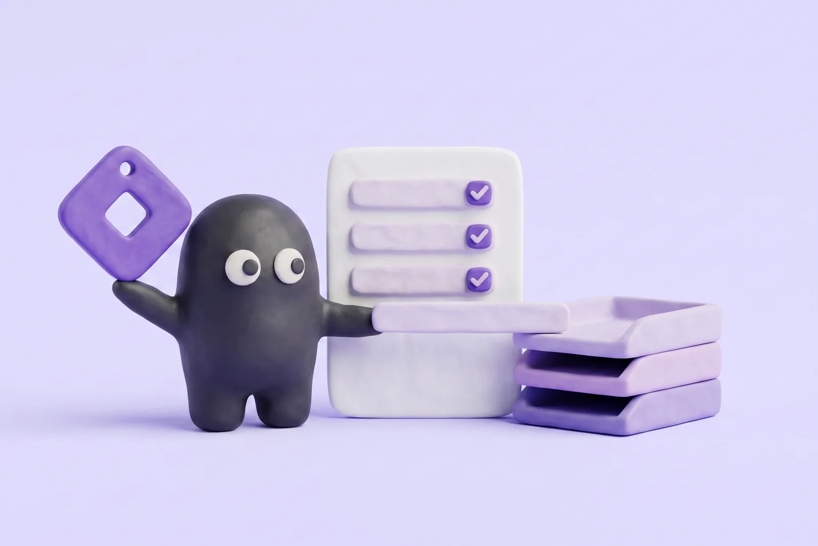 The Velo mascot holding a clay Tag Manager diamond and sliding a script row from a checked list into a stack of category trays, on a lavender studio backdrop.
