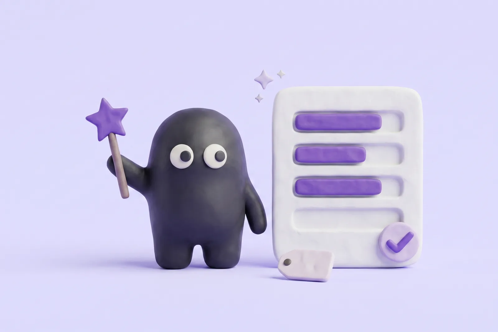 The Velo mascot waving a star wand at a clay tracker form whose fields fill in on their own, with a check badge and a tag chip, on a lavender studio backdrop.